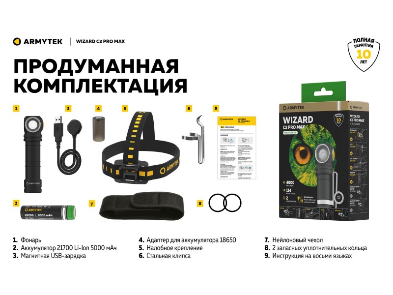 фото Фонарь Armytek Wizard C2 PRO MAX MAGNET USB Теплый свет F06701W