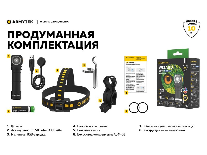 фото Фонарь Armytek Wizard C2 PRO NICHIA MAGNET USB Теплый свет F06801W