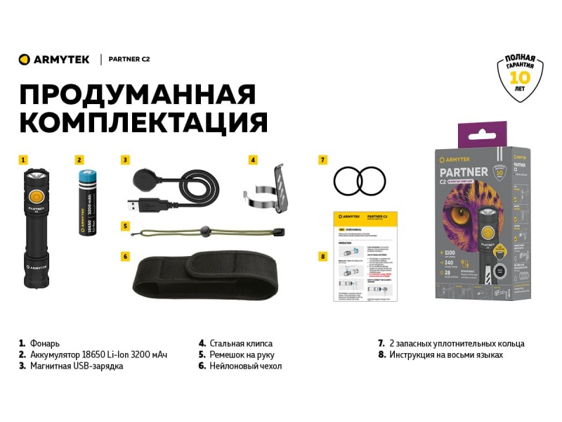 фото Фонарь Armytek PARTNER C2 MAGNET USB Белый свет F07802C