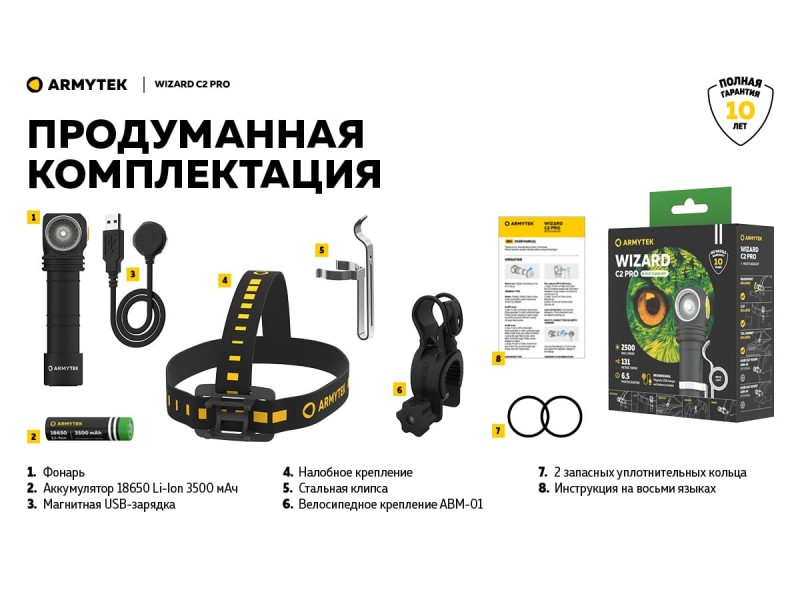 фото Фонарь Armytek Wizard C2 PRO MAGNET USB Теплый свет F08701W