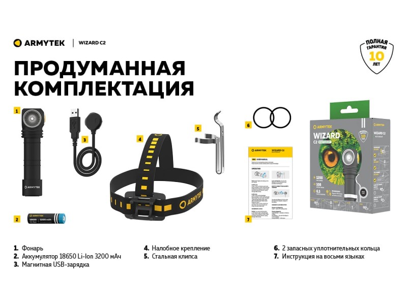 фото Фонарь Armytek Wizard C2 Magnet USB Белый свет F08901C